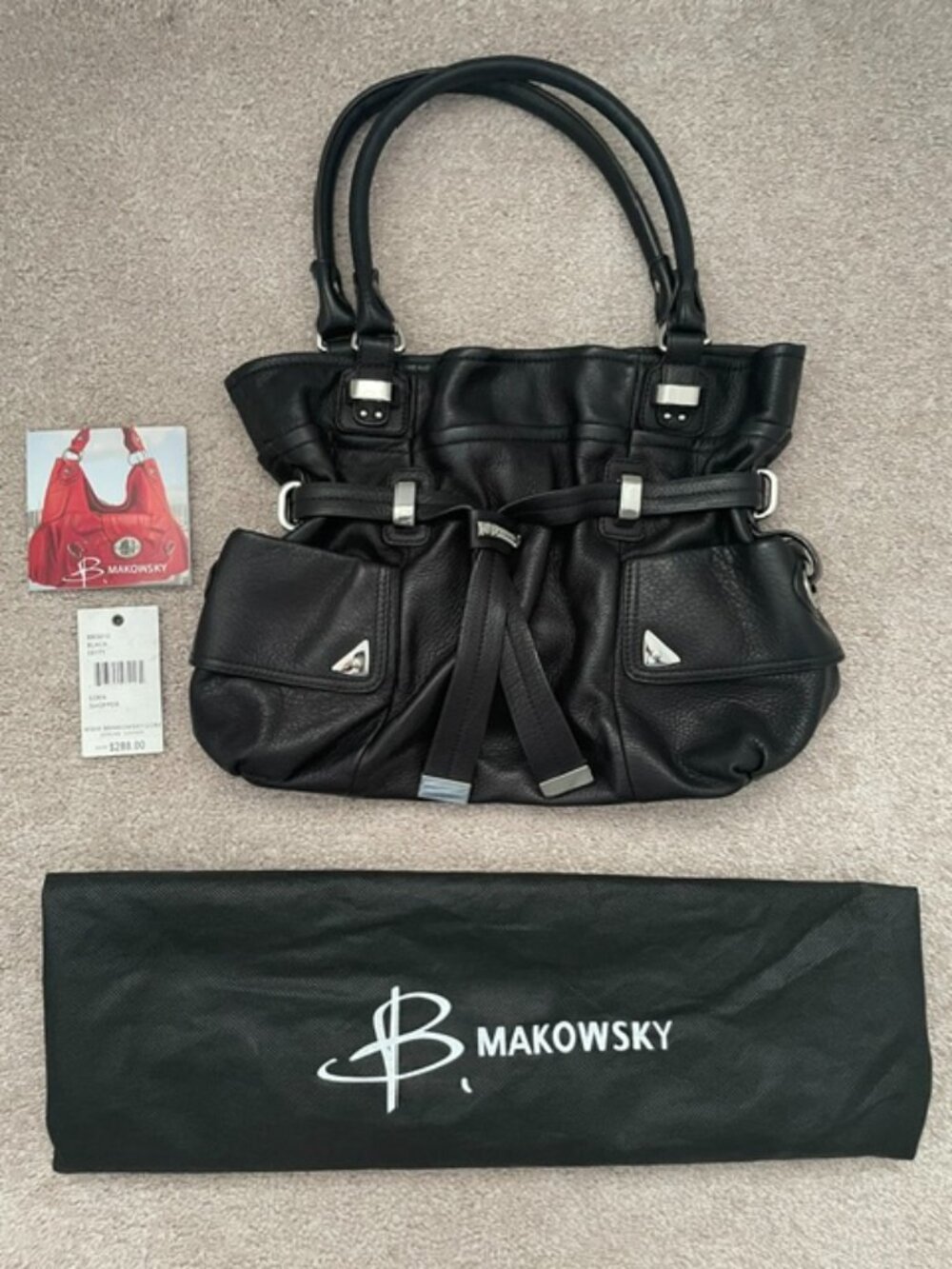 NWT B. Makowsky Black Pebbled Leather Belted Eden Satchel Bag